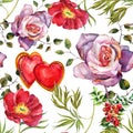 Rose, peony flowers wreath , heart watercolor, pattern seamless Royalty Free Stock Photo