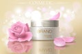 Rose petal flower extract cosmetic ads template, realistic 3D illustration skincare moisturizing mockup elegant glow