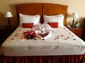 Rose Petals Adorn this Honeymoon Suite Bed Ensemble Royalty Free Stock Photo