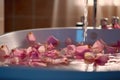 Rose petals in the bathroom. Romance. Generative AI technology