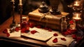 Rose petals on the desk of a Romantic lover