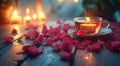 rose petals floating on candle candlelit table near a cup of tea