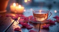 rose petals floating on candle candlelit table near a cup of tea