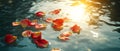 Delicate Rose Petals Drifting on Sunlit Water A Serene Dance of Light and Floral Beauty Royalty Free Stock Photo
