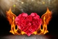 Rose petals heart shape with blaze fire flame on wooden deck Royalty Free Stock Photo