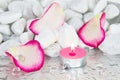Rose petals and a lit candle for a spa decoration Royalty Free Stock Photo
