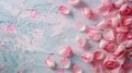 Rose petals scattered on the painted surface. Flatlay. Insertion space