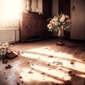 rose petals spread on the wooden floor with a classic room