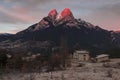 Rose-pink sunrise above Serra Mata-Rodina mountains that tower above Sales