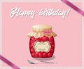 Rose and polka dots birthday card with jam jar of cherry and spoon Royalty Free Stock Photo