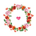 Rose and poppy flowers with heart in floral wreath. Watercolour circle border for wedding or Valentine day greeting card Royalty Free Stock Photo