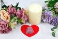 Rose quartz on heart background, rituals, spell spiritual new age mindfulness living