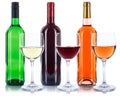 Rose red and white wine bottles glasses isolated Royalty Free Stock Photo