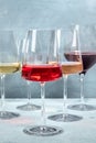 Rose, red and white wine in elegant modern glasses at a wine tasting at a winery Royalty Free Stock Photo