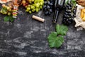 Rose red wine in bottles cheese, white pink and black grapes with vine plant on dark concrete background. Assortment Royalty Free Stock Photo