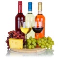 Rose red wine cheese wines grapes square isolated on white Royalty Free Stock Photo