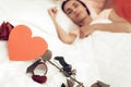 Rose Ring And Postal. Sleeping Girl Background. Royalty Free Stock Photo