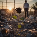 Single black rose on a destroyed background with a silhouette of a person at sunset. Royalty Free Stock Photo