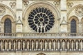 Rose shapes window in the front of the Gothic Notre Dame cathedral, Paris
