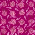 Rose Silk-Flowers in Bloom seamless repeat pattern background in pink and maroon