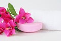 Rose soap, towel and flowers on white background Royalty Free Stock Photo