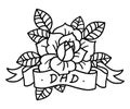 Rose Tattoo With Ribbon And Word Dad. Vector Illustration Art. Old School