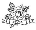 Rose tattoo with ribbon and word Mom and Mother. Vector illustration art.