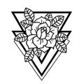 Rose tattoo with sacred geometry frame. Traditional black style ink. Isolated vector illustration.