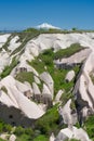 Rose valley with cave houses and a peak of mount Erciyes, Goreme national park in Cappadocia Turkey Royalty Free Stock Photo