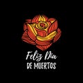 Rose vector illustration with Feliz Dia De Muertos, translated Happy Halloween lettering. Party invitation card.