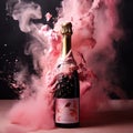 Rose vine champagne bottle pink powder smoke explode Royalty Free Stock Photo