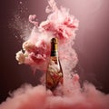 Rose vine champagne bottle pink powder smoke explode Royalty Free Stock Photo