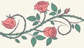 Rose Vine with Thorns and Blooming Pink Roses, vector design Generative AI Royalty Free Stock Photo