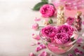 rose water in a glass bowl with petals and fresh flowers Royalty Free Stock Photo