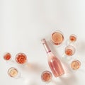 Rose wine assortment in crystal glasses, bottle of rose champagne sparkling wine. Summer alcoholic drink Royalty Free Stock Photo