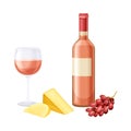 Rose Wine in Bottle and Glass with Cheese and Grapes Vector Illustration Royalty Free Stock Photo