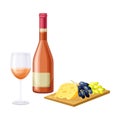 Rose Wine in Bottle and Glass Served with Cheese and Grapes on Wooden Board Vector Illustration Royalty Free Stock Photo