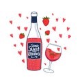 Rose wine bottle with inscription Semi Sweet Dreams. Cute feminine drink in a glass with strawberries. Vector hand
