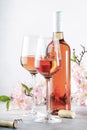 Rose wine glass and bottle on the gray table and pink flowers. Rosado, rosato or blush wine tasting Royalty Free Stock Photo