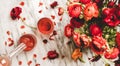 Rose wine pouring from bottle to glass and ranunculus flowers Royalty Free Stock Photo