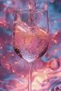 Rose wine pouring in glass, holographic, glowing neon lights color aesthetics. Drops and splashes of liquid around the wineglass.