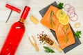 Rose Wine with Salmon Fillet and Cooking Spices Royalty Free Stock Photo