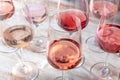 Rose wine, various types in many glasses