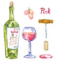 Rose (pink) wine bottle, wineglass, grapes, corkscrew, cork and stain, isolated set Royalty Free Stock Photo