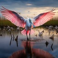 Roseate Spoonbill landing in a marsh