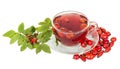 Rosehip berries, cup of tea isolated on white background.