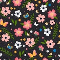 Wild rose in a botanical seamless pattern. Rosehip flowers pink with butterflies on a black background for textile. Royalty Free Stock Photo