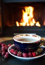 Rosehip tea in front of roaring fire in a fire place Royalty Free Stock Photo