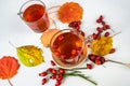 Rosehip tea in 2 glass, twig with rosehip fruit, dried autumn leaf on white