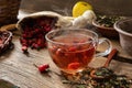 Rosehip tea on wooden background with red fruits